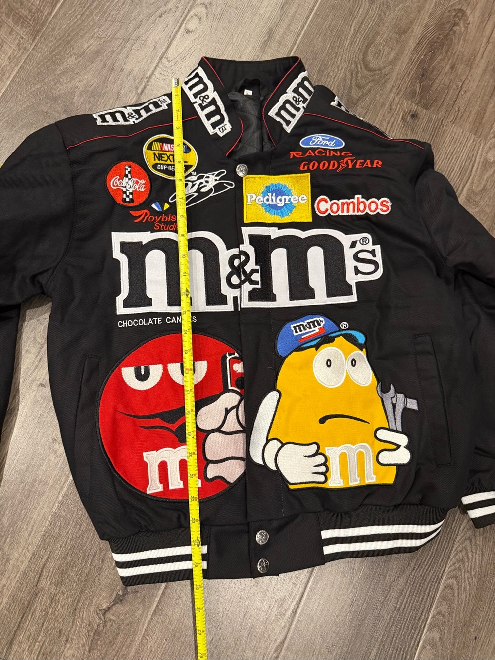 M&M'S inspired Black Bomber Nascar denim Jacket w Character Patches image 10
